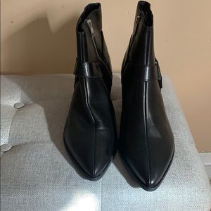 Black leather stacked heel pointed toe boot